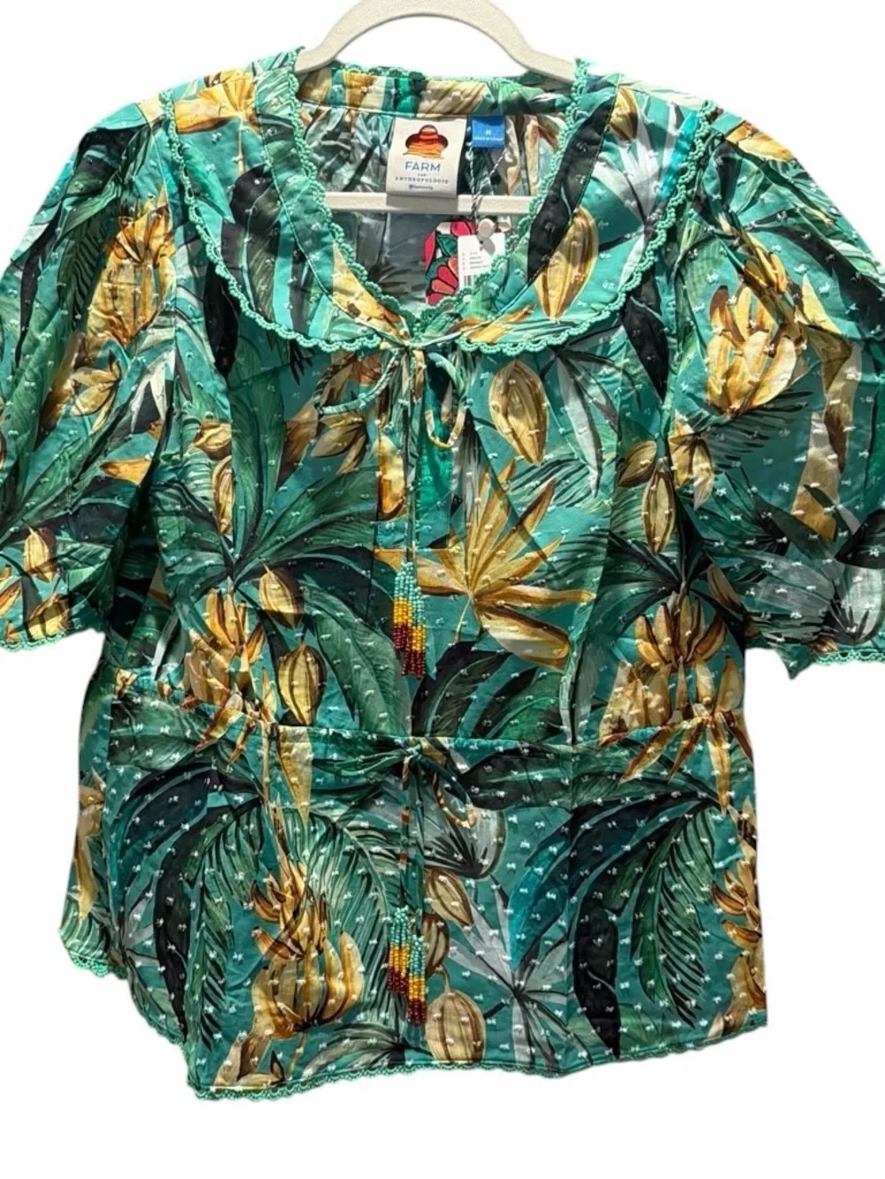 🌴FARM Rio Tropical Puff Sleeve Babydoll Blouse w/Beaded Tassels🌴
